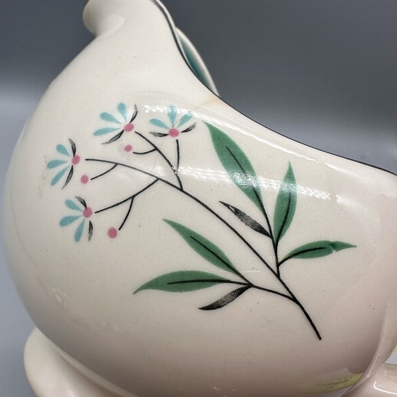 Elegant Cream and Teal Floral Ceramic Pitcher - Picture 5 of 8